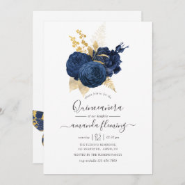 Navy Blue und Gold Vintage Rose Quinceañera Einladung