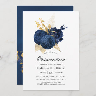 Navy Blue und Gold Vintage Rose Quinceañera Einladung