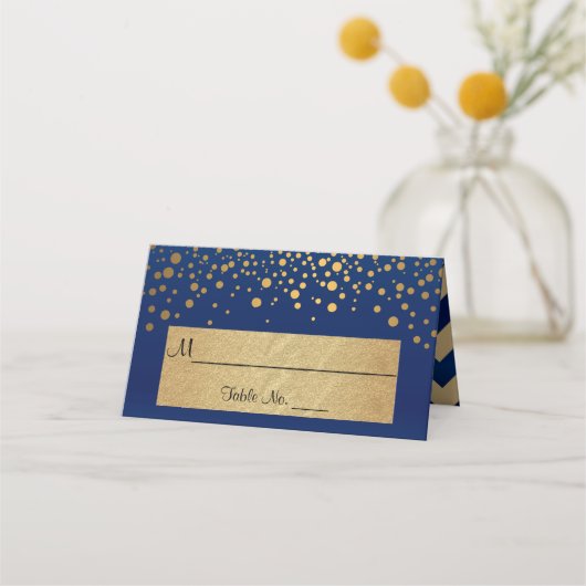 Navy Blue und Gold Zickzack und Confetti Dots 2 Platzkarte (Vorderseite)