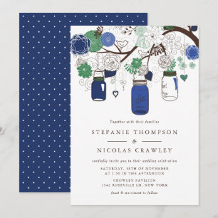 Navy Blue und Green Hanging Mason Jars Wedding Einladung
