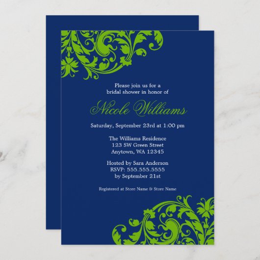 Navy Blue und Green Swirl Geblüht Brautparty Einladung (Vorne/Hinten)