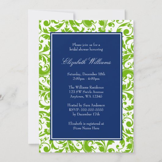 Navy Blue und Green Wirbel Damask Brautparty Einladung (Vorderseite)