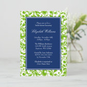 Navy Blue und Green Wirbel Damask Brautparty Einladung (Stehend Vorderseite)