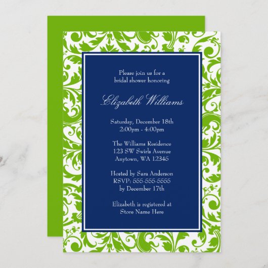Navy Blue und Green Wirbel Damask Brautparty Einladung (Vorne/Hinten)