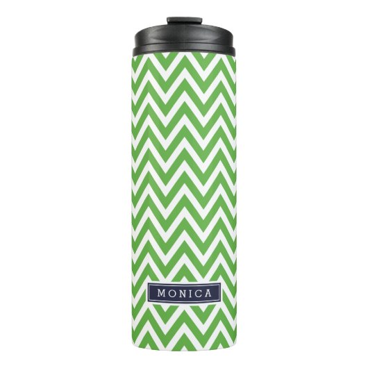 Navy Blue und Green Zickzack Monogram Thermosbecher (Vorderseite)