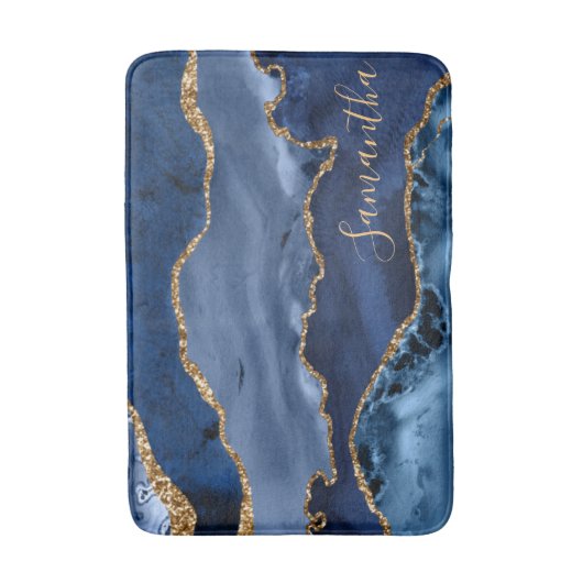 Navy Blue und Imitate Gold Glitzer Marble Agate Badematte (Vorderseite Vertikal)