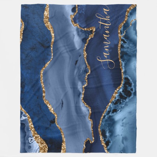 Navy Blue und Imitate Gold Glitzer Marble Agate Fleecedecke (Vorderseite)