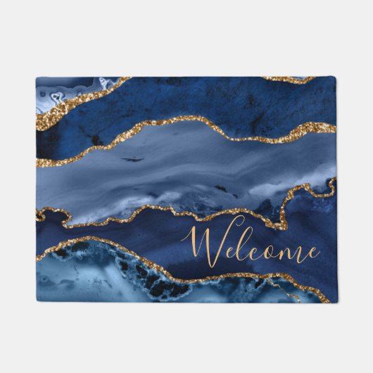 Navy Blue und Imitate Gold Glitzer Marble Agate Fußmatte (Vorderseite)