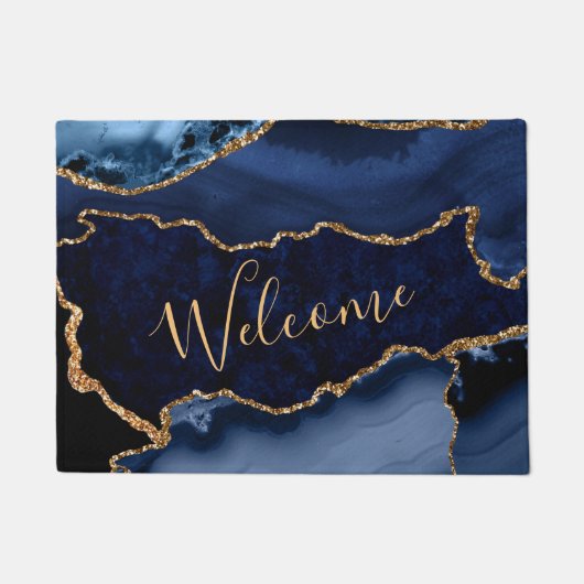 Navy Blue und Imitate Gold Glitzer Marble Agate Fußmatte (Vorderseite)