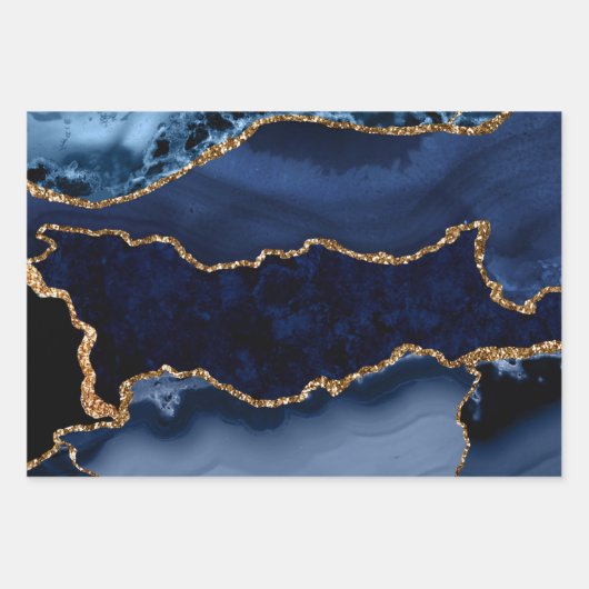 Navy Blue und Imitate Gold Glitzer Marble Agate Geschenkpapier Set (Vorderseite 3)