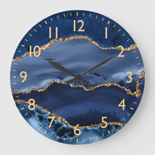 Navy Blue und Imitate Gold Glitzer Marble Agate Große Wanduhr (Vorderseite)