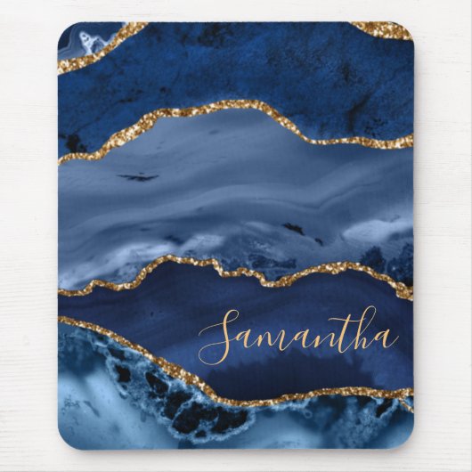 Navy Blue und Imitate Gold Glitzer Marble Agate Mousepad (Vorne)