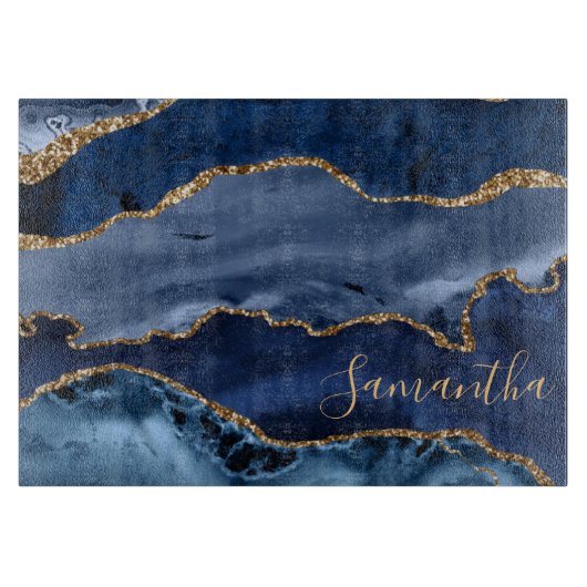 Navy Blue und Imitate Gold Glitzer Marble Agate Schneidebrett (Vorderseite)