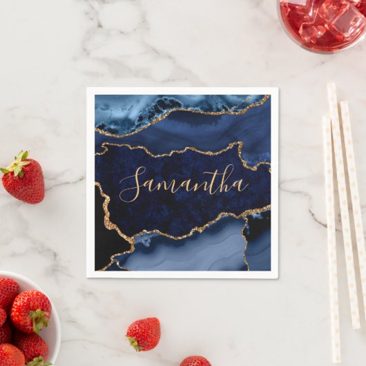 Navy Blue und Imitate Gold Glitzer Marble Agate Serviette (Beispiel)