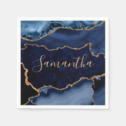 Navy Blue und Imitate Gold Glitzer Marble Agate Serviette (Vorderseite)