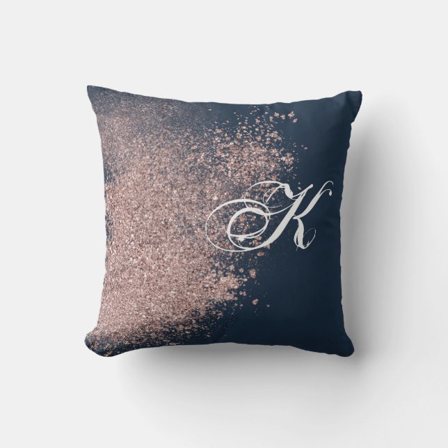 Navy Blue und Imitate Rose Gold Glitzer Monogramm Kissen (Vorderseite)