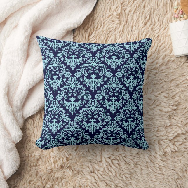 Navy Blue und Light Blue Damask Muster Kissen (Decke)
