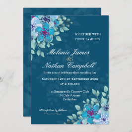 Navy Blue und Light Blue Watercolor Floral Elegant Einladung