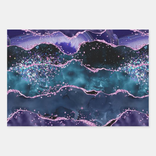 Navy Blue und Lila Glitzer Ocean Agate Geschenkpapier Set (Vorderseite)