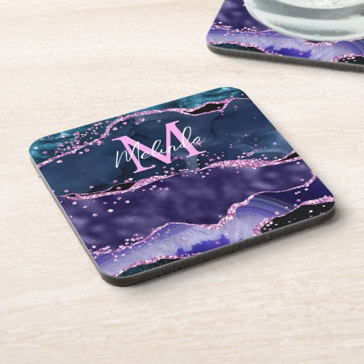 Navy Blue und Lila Glitzer Ocean Agate Getränkeuntersetzer (Linke Seite)