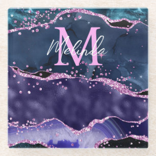 Navy Blue und Lila Glitzer Ocean Agate Glasuntersetzer