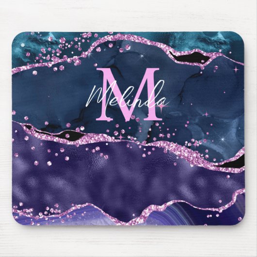 Navy Blue und Lila Glitzer Ocean Agate Mousepad (Vorne)