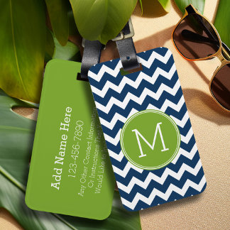 Navy Blue und Lime Green Chevrons Custom Monogram Gepäckanhänger