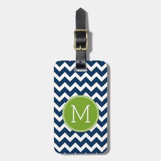 Navy Blue und Lime Green Chevrons Custom Monogram Gepäckanhänger (Vorderseite vertikal)