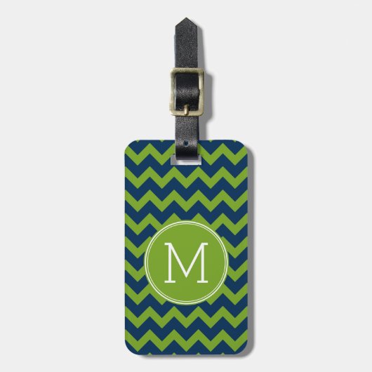 Navy Blue und Lime Green Chevrons Custom Monogram Gepäckanhänger (Vorderseite vertikal)