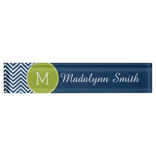 Navy Blue und Lime Green Chevrons Custom Monogram Namensplakette (Vorderseite)