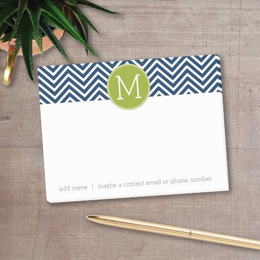 Navy Blue und Lime Green Chevrons Custom Monogram Post-it Klebezettel