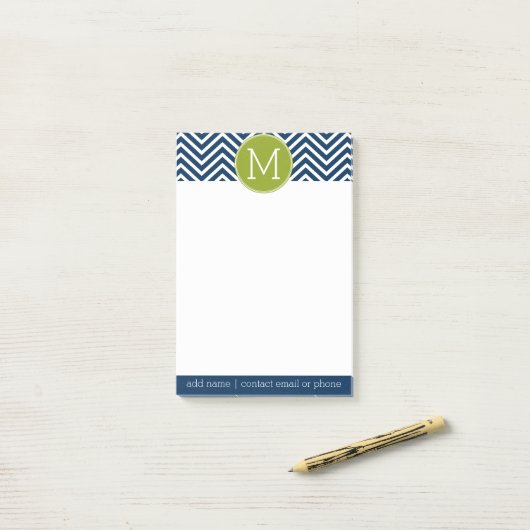 Navy Blue und Lime Green Chevrons Custom Monogram Post-it Klebezettel (Auf Schreibtisch)