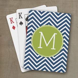 Navy Blue und Lime Green Chevrons Custom Monogram Spielkarten