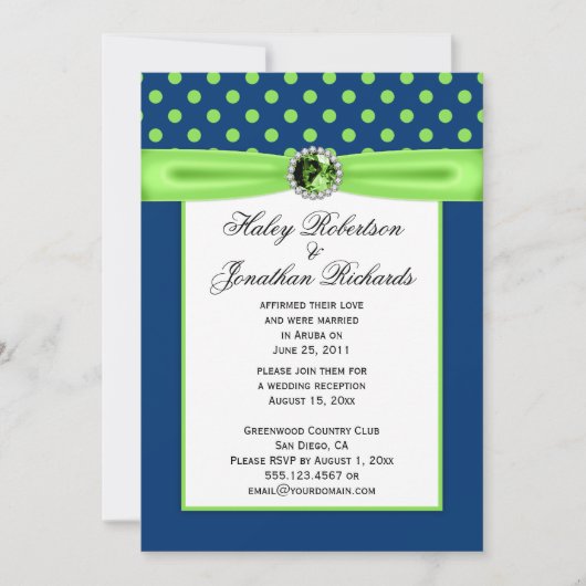 Navy Blue und Lime Green Polka Dots Wedding Einladung (Vorderseite)