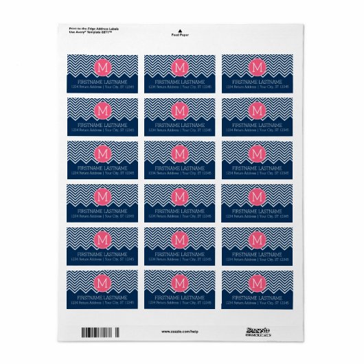 Navy Blue und Magenta Chevrons Custom Monogram Adressaufkleber (Vorne)