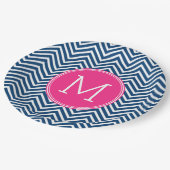 Navy Blue und Magenta Chevrons Custom Monogram Pappteller (Schrägansicht)