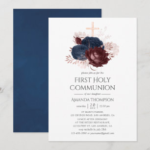 Navy Blue und Maroon Floral Heilige Kommune Einladung