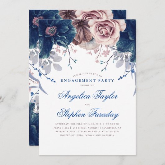 Navy Blue und Mauve Floral Engagement Party Einladung (Vorne/Hinten)
