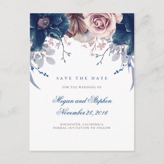 Navy Blue und Mauve Floral Save the Date Ankündigungspostkarte (Vorderseite)