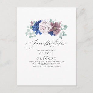 Navy Blue und Mauve Floral Save the Date Card Ankündigungspostkarte