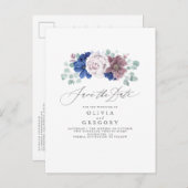 Navy Blue und Mauve Floral Save the Date Card Ankündigungspostkarte (Vorne/Hinten)