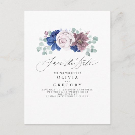 Navy Blue und Mauve Floral Save the Date Card Ankündigungspostkarte (Vorderseite)