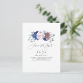 Navy Blue und Mauve Floral Save the Date Card Ankündigungspostkarte (Stehend Vorderseite)