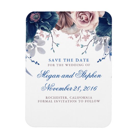 Navy Blue und Mauve Floral Save the Date Magnet (Vertikal)