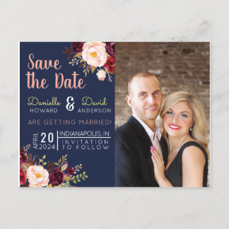 Navy Blue und Merlot Floral Save the Date Einladungspostkarte