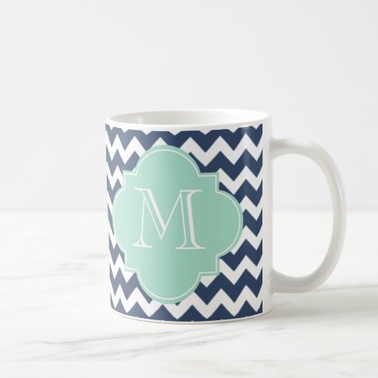 Navy Blue und Minze Green Zickzack Custom Monogram Kaffeetasse (Rechts)