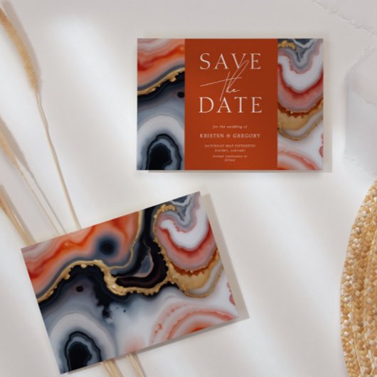 Navy Blue und Orange Agate Save the Date Einladung