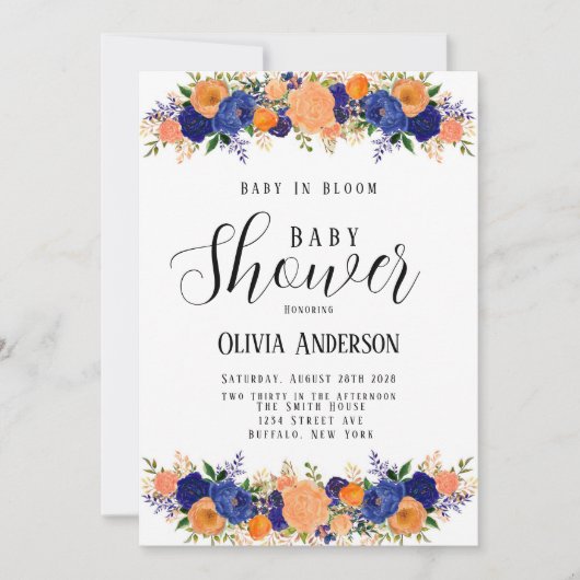 Navy Blue und Orange Baby in Bloom Baby Dusche Einladung (Vorderseite)