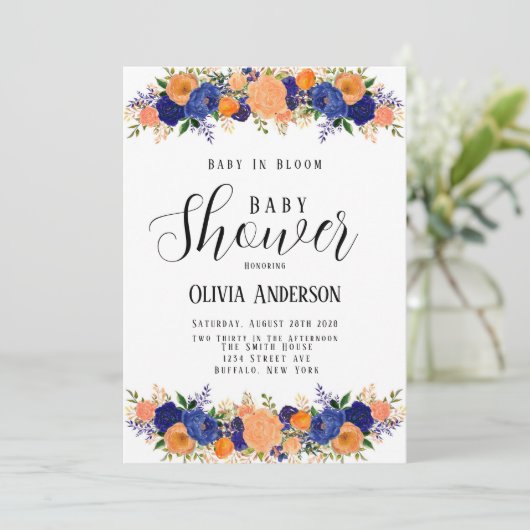Navy Blue und Orange Baby in Bloom Baby Dusche Einladung (Stehend Vorderseite)