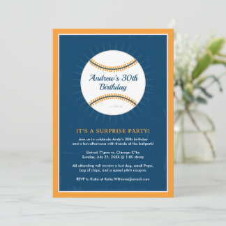 Navy Blue und Orange Baseball 30. Geburtstag Party Einladung